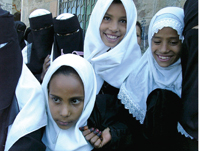 Satisfied female students from Al-Farowq school in Mawiya district.