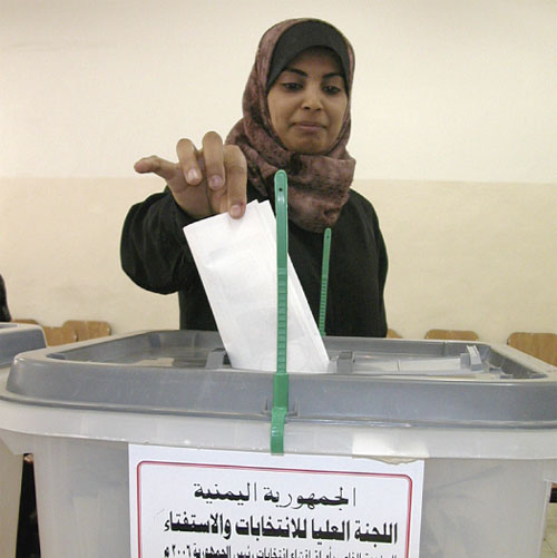 Having a say about their future, Yemeni women voters constitute 42% of registered voters. Photo by Yasser Al-Maysi